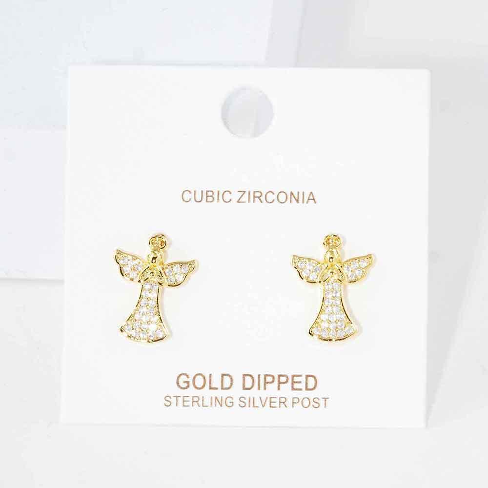 Silver Gold Dipped CZ Embellished Metal Angel Stud Earrings