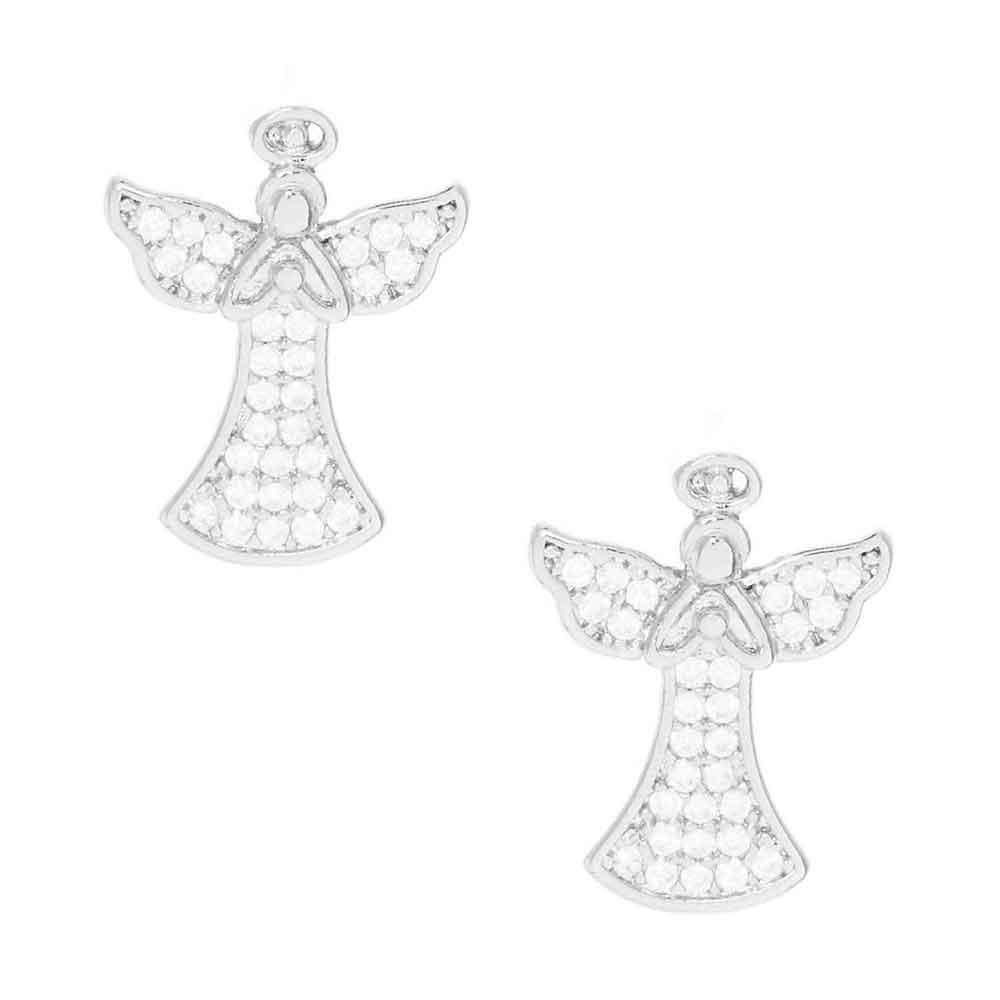 Silver White Gold Dipped CZ Embellished Metal Angel Stud Earrings - Jewelry Store by Erik Rayo