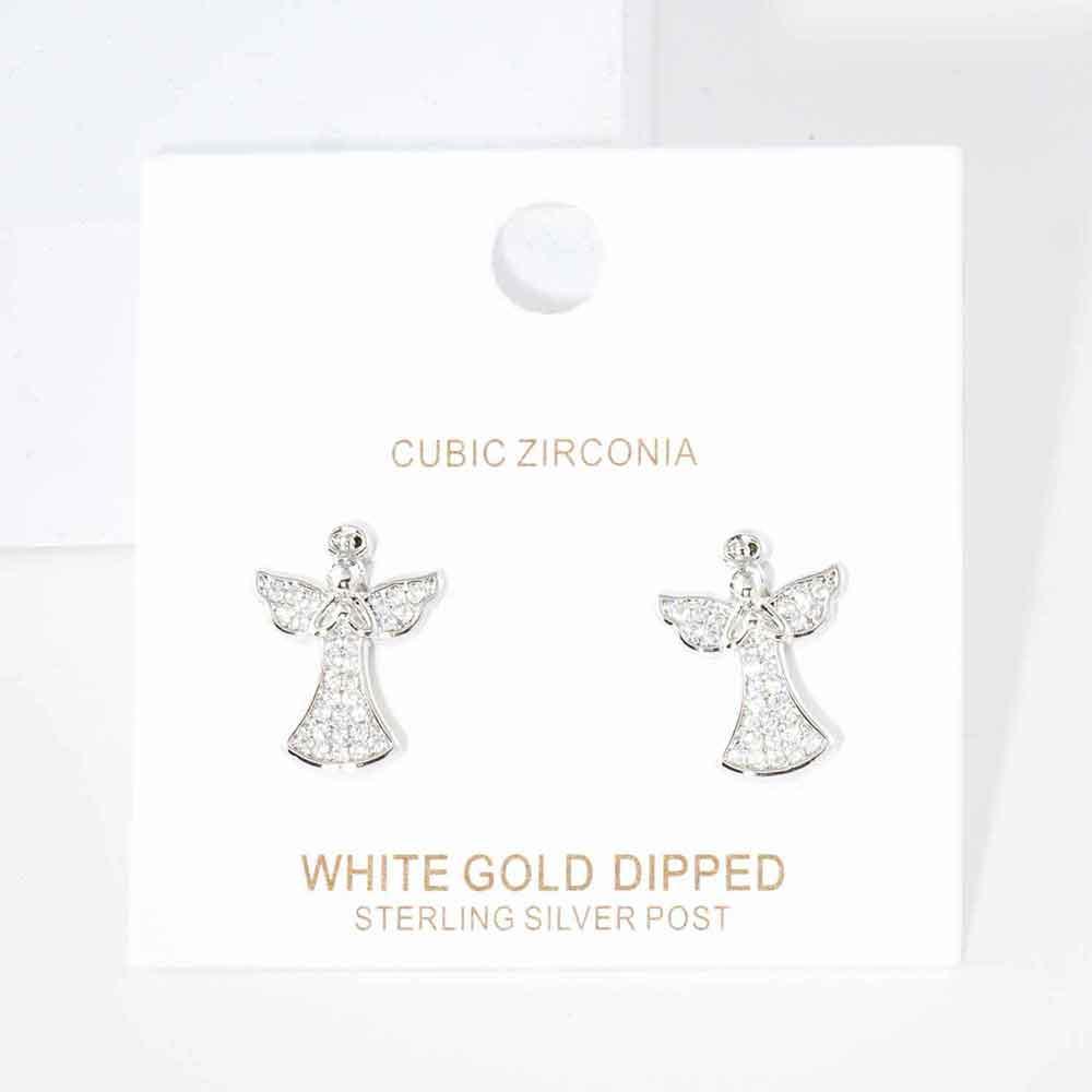 Silver White Gold Dipped CZ Embellished Metal Angel Stud Earrings