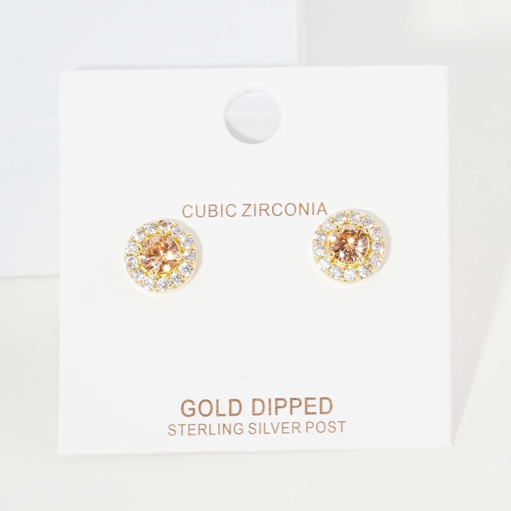 Silver Gold Dipped CZ Round Stud Earrings