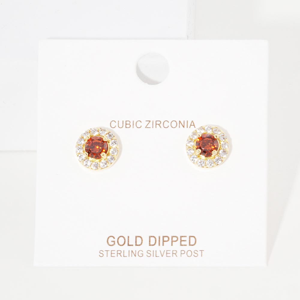 Silver Gold Dipped CZ Round Stud Earrings