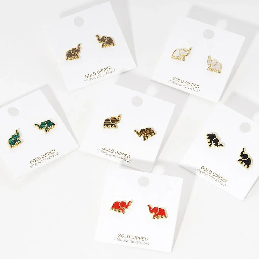 Silver Gold Dipped Natural Stone Elephant Stud Earrings - Jewelry Store by Erik Rayo