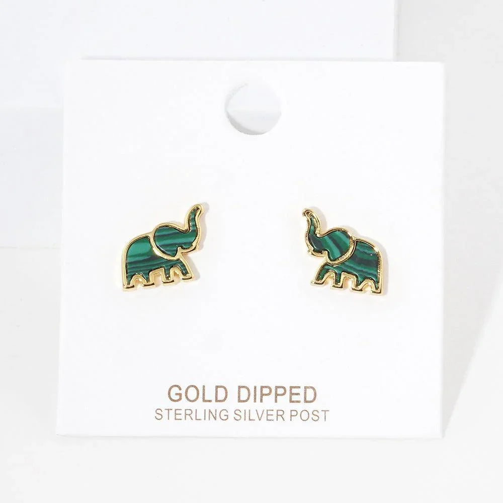Silver Gold Dipped Natural Stone Elephant Stud Earrings - Jewelry Store by Erik Rayo