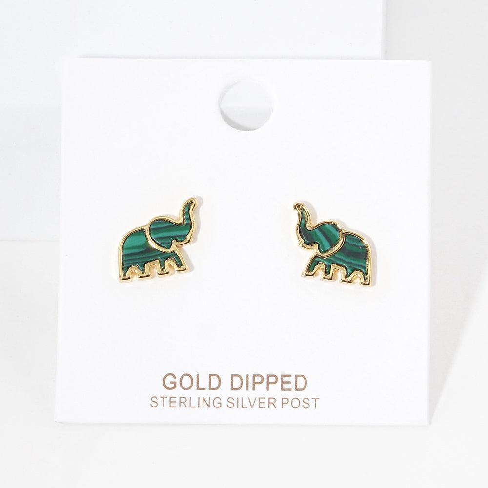 Silver Gold Dipped Natural Stone Elephant Stud Earrings