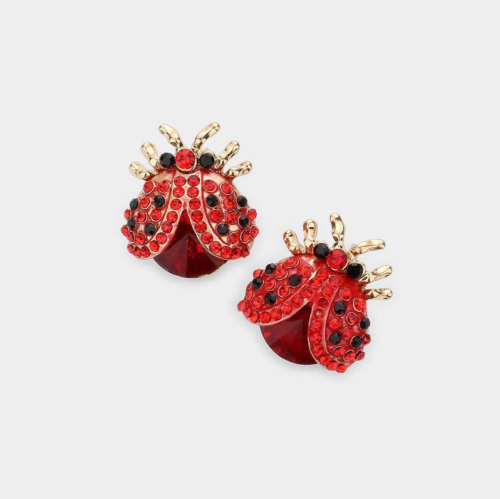 Red Round Stone Embellished Ladybug Evening Stud Earrings - Jewelry Store by Erik Rayo