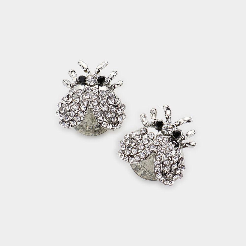 Silver Round Stone Embellished Ladybug Evening Stud Earrings - Jewelry Store by Erik Rayo