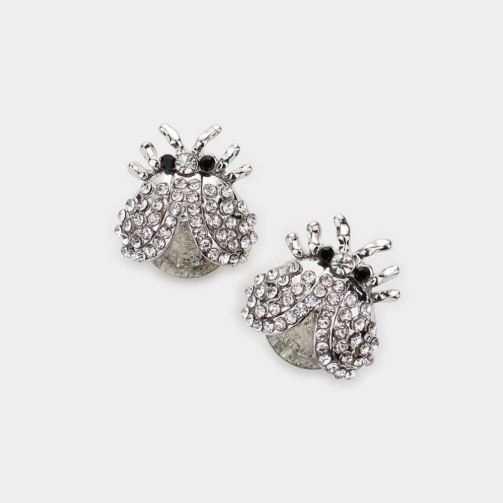 Silver Round Stone Embellished Ladybug Evening Stud Earrings