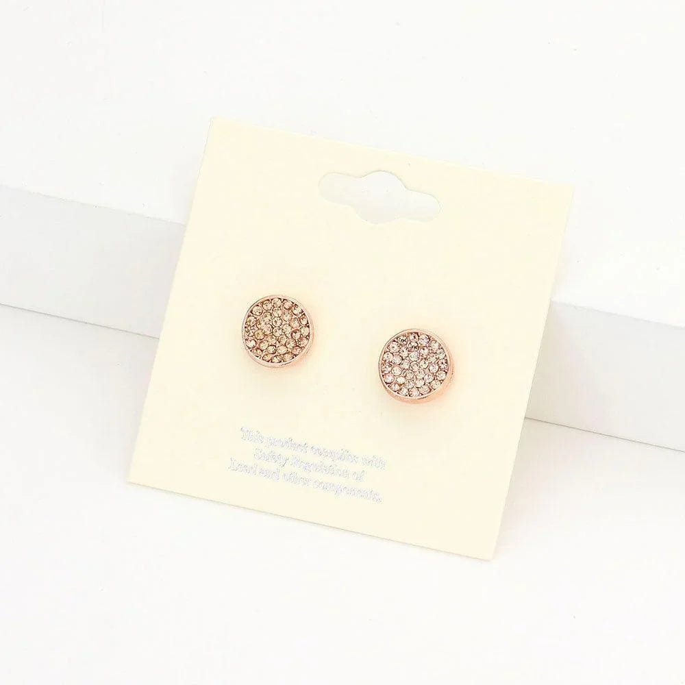 Rose Gold Rhinestone Pave Round Disc Stud Earrings - Jewelry Store by Erik Rayo