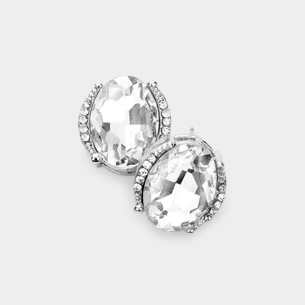 Silver Oval Stone Accented Stud Evening Earrings - Jewelry Store by Erik Rayo