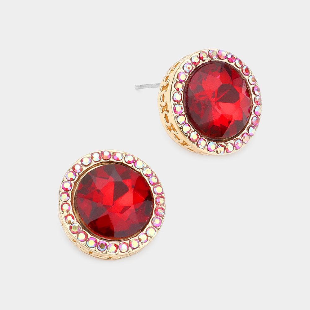 Red Rhinestone Trimmed Round Stone Stud Evening Earrings - Jewelry Store by Erik Rayo