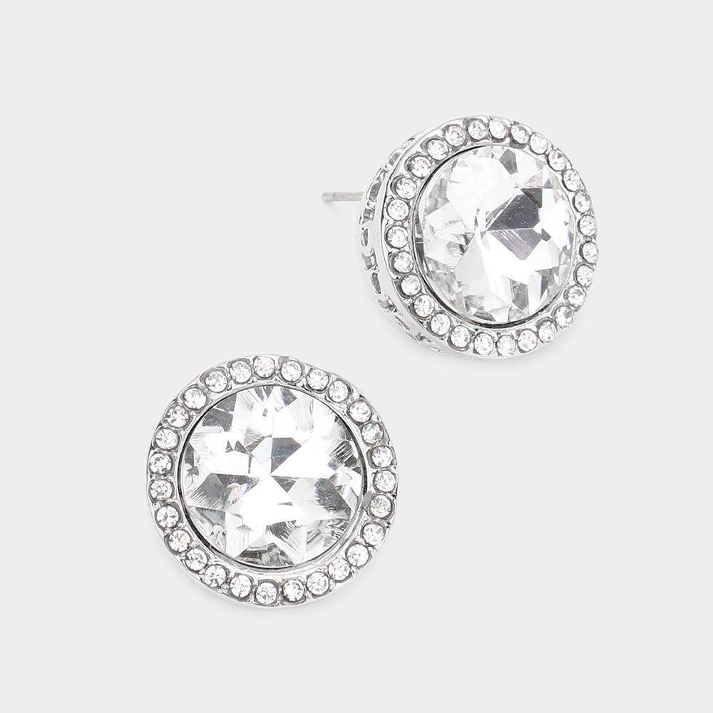 Silver Rhinestone Trimmed Round Stone Stud Evening Earrings - Jewelry Store by Erik Rayo