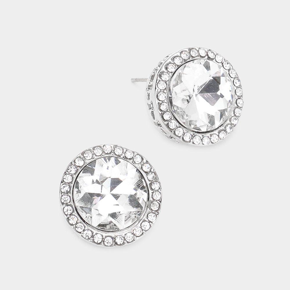 Silver Rhinestone Trimmed Round Stone Stud Evening Earrings