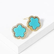 Load image into Gallery viewer, Turquoise Gold Dipped Rhinestone Trimmed Flower Stud Earrings
