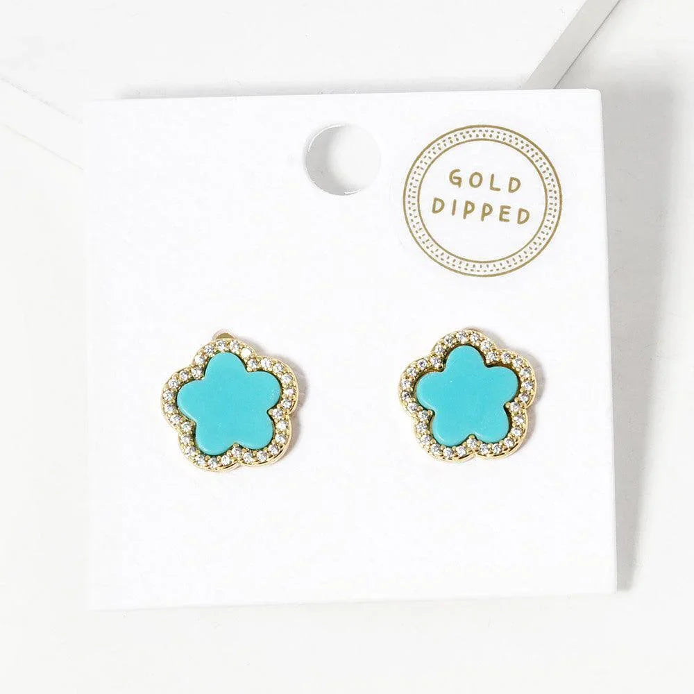 Turquoise Gold Dipped Rhinestone Trimmed Flower Stud Earrings - Jewelry Store by Erik Rayo