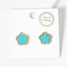 Load image into Gallery viewer, Turquoise Gold Dipped Rhinestone Trimmed Flower Stud Earrings
