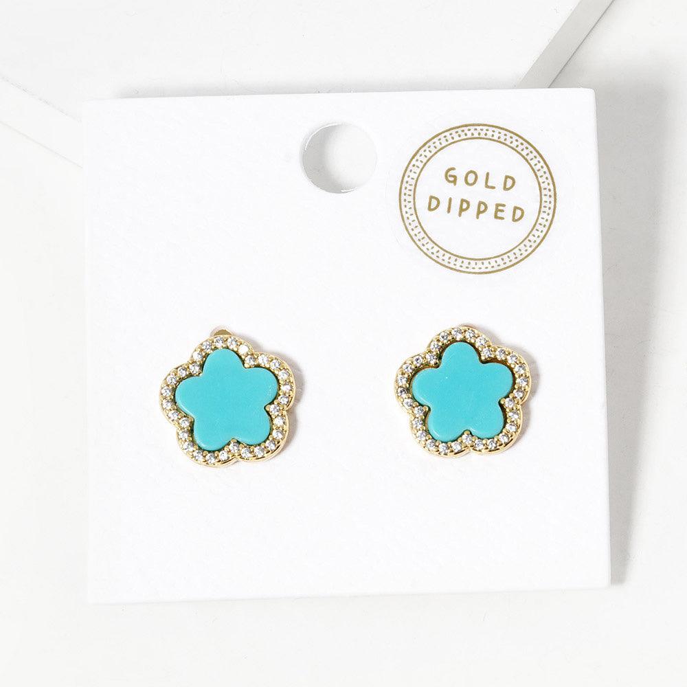 Turquoise Gold Dipped Rhinestone Trimmed Flower Stud Earrings