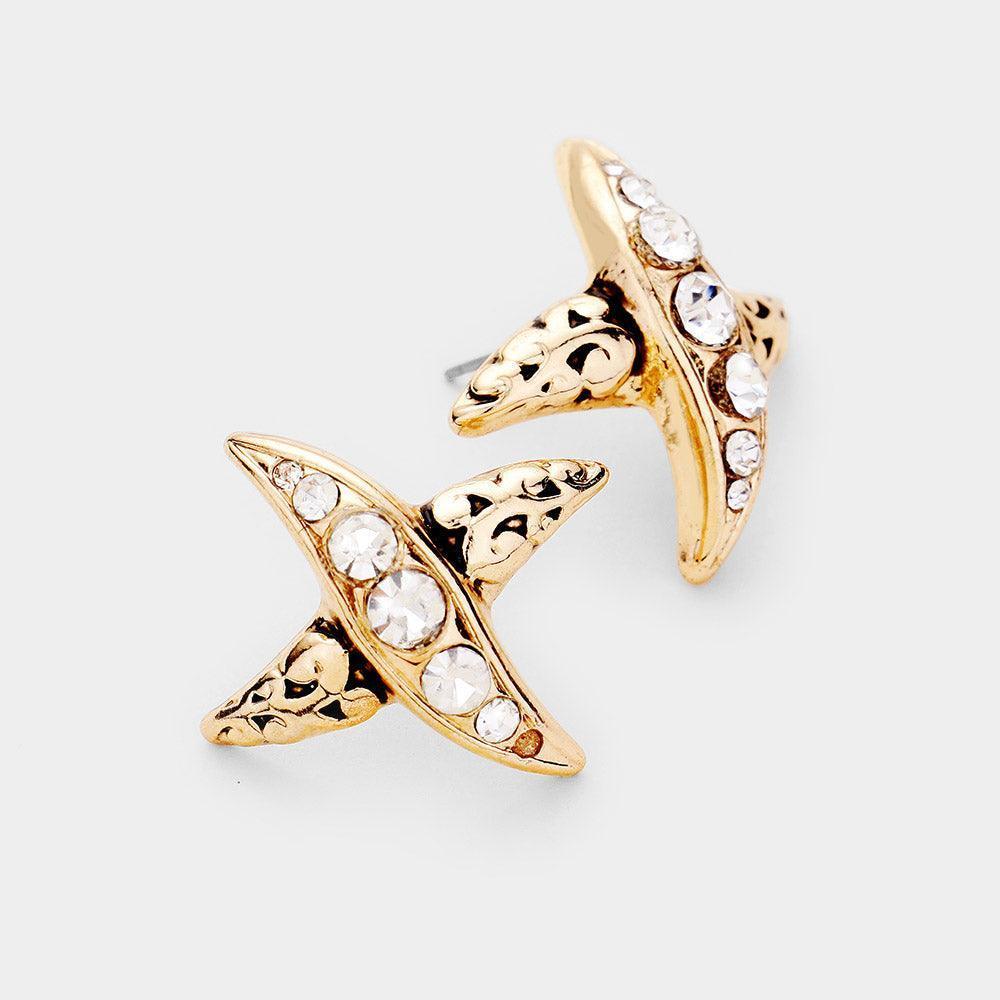 Gold Patterned Metal Rhinestone Stud Earrings - Jewelry Store by Erik Rayo