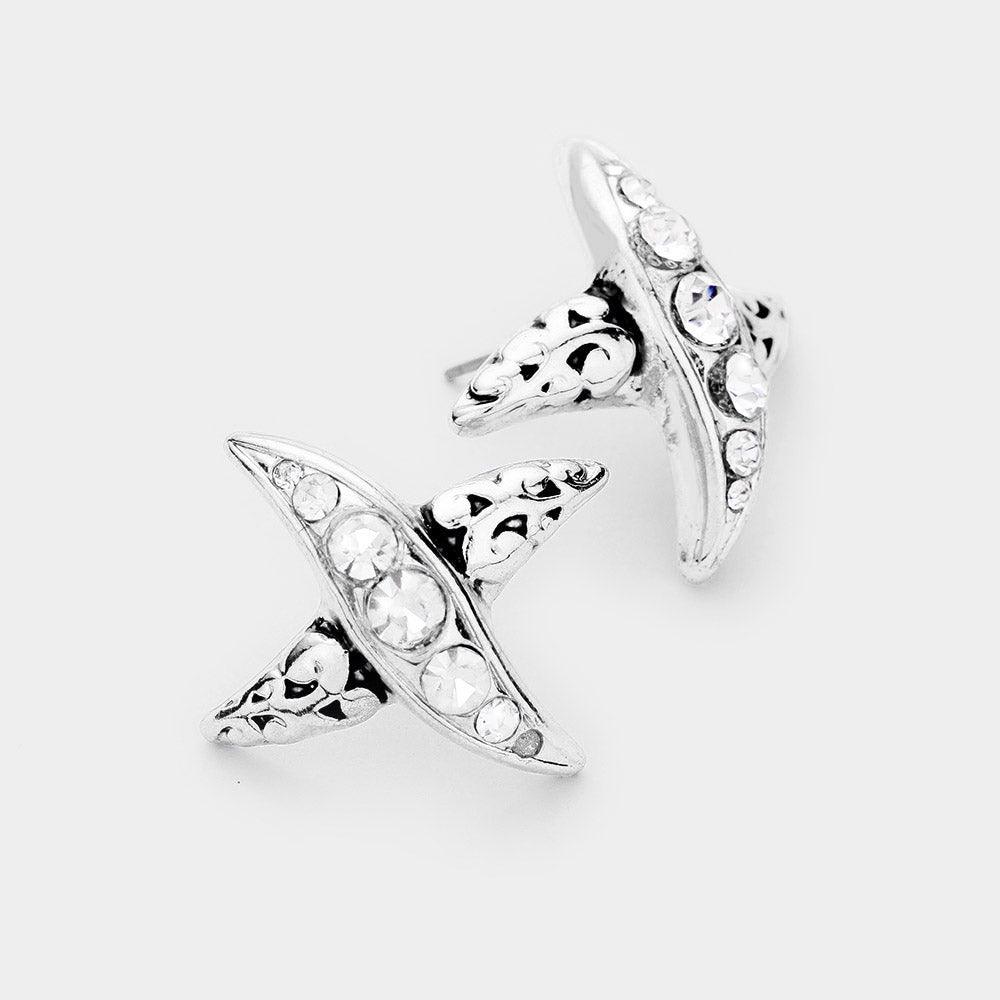 Silver Patterned Metal Rhinestone Stud Earrings