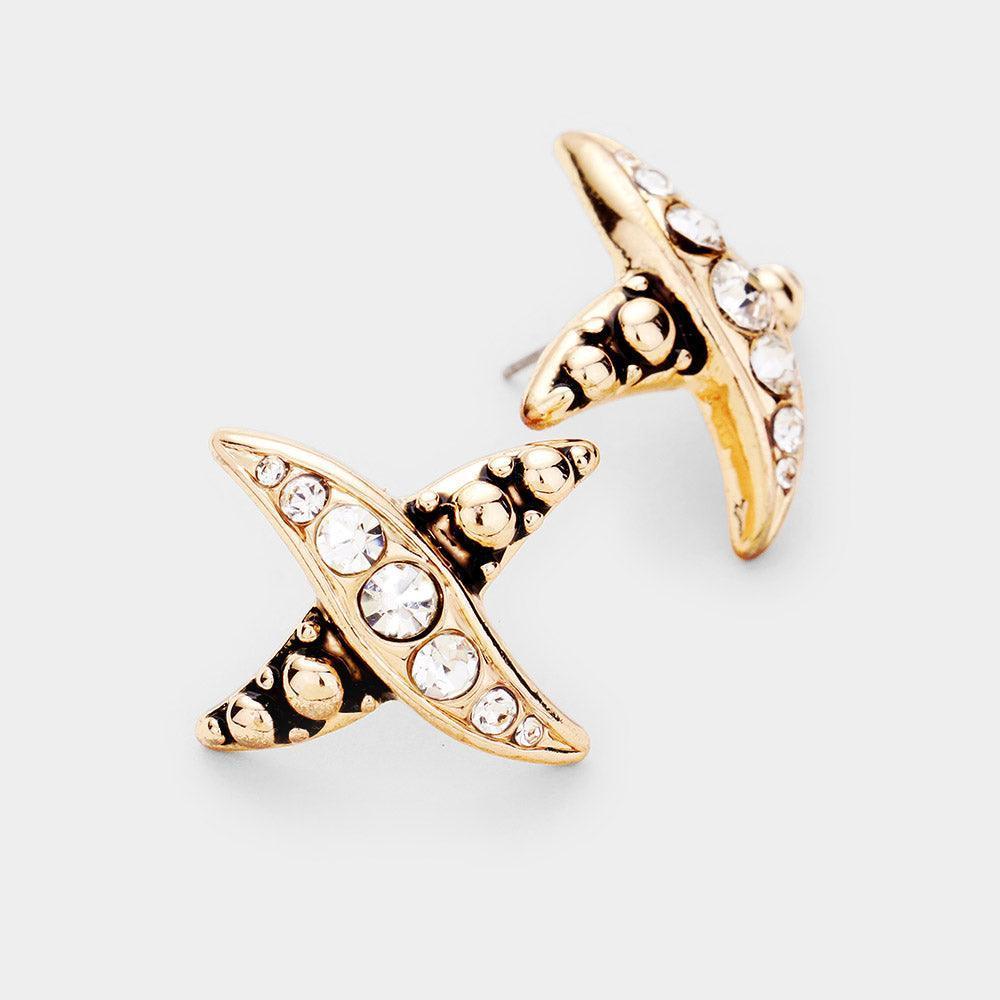 Gold 
Patterned Metal Rhinestone Stud Earrings - Jewelry Store by Erik Rayo