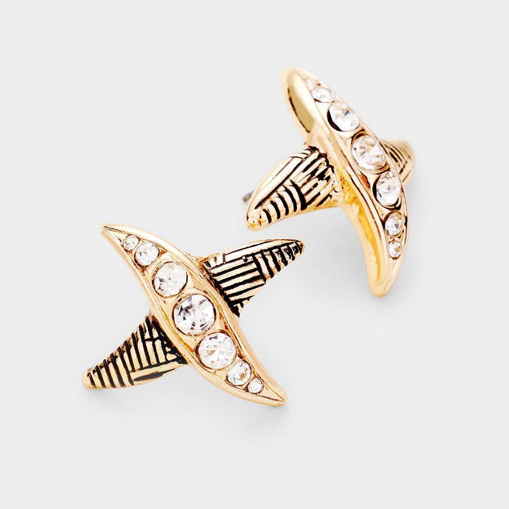 Gold Patterned Metal Rhinestone Stud Earrings - Jewelry Store by Erik Rayo