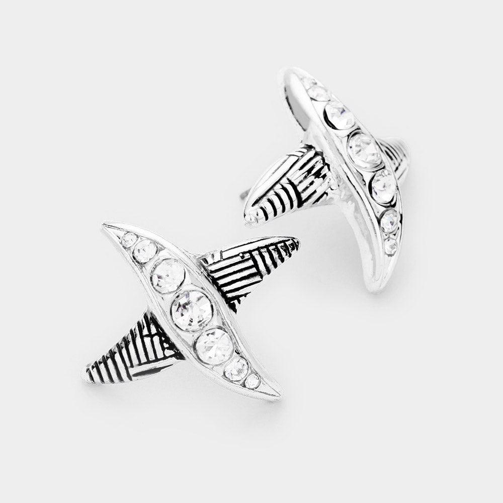 Silver Patterned Metal Rhinestone Stud Earrings