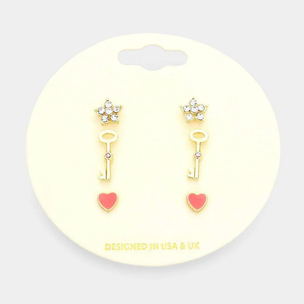 Pink 3Pairs - Stone Embellished Star Key Enamel Heart Stud Earrings - Jewelry Store by Erik Rayo