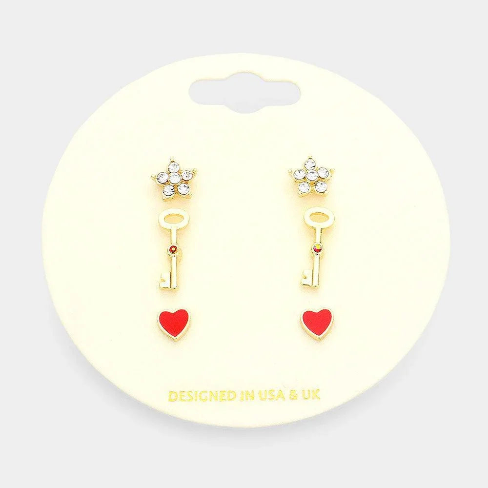 Red 3Pairs - Stone Embellished Star Key Enamel Heart Stud Earrings - Jewelry Store by Erik Rayo