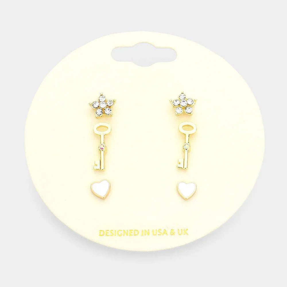 White 3Pairs - Stone Embellished Star Key Enamel Heart Stud Earrings - Jewelry Store by Erik Rayo