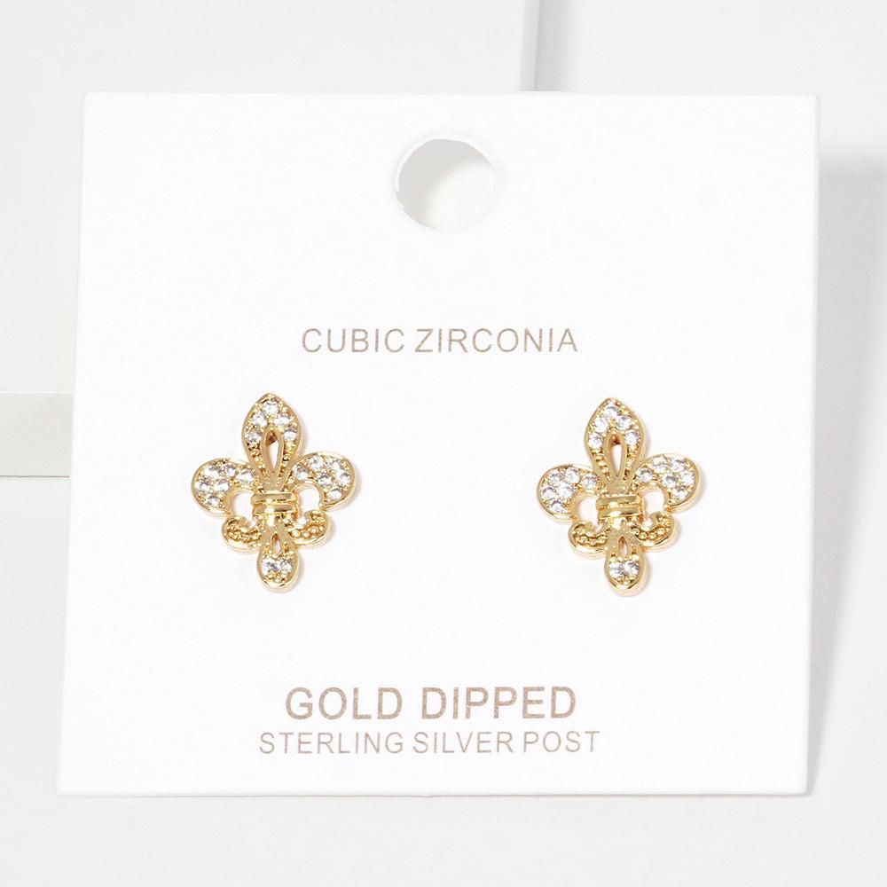 Silver Gold Dipped CZ Embellished Metal Fleur de Lis Stud Earrings