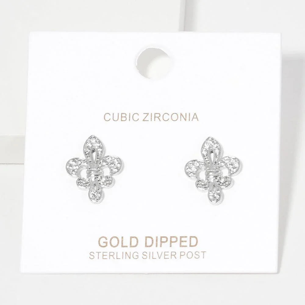 Silver White Gold Dipped CZ Embellished Metal Fleur de Lis Stud Earrings - Jewelry Store by Erik Rayo