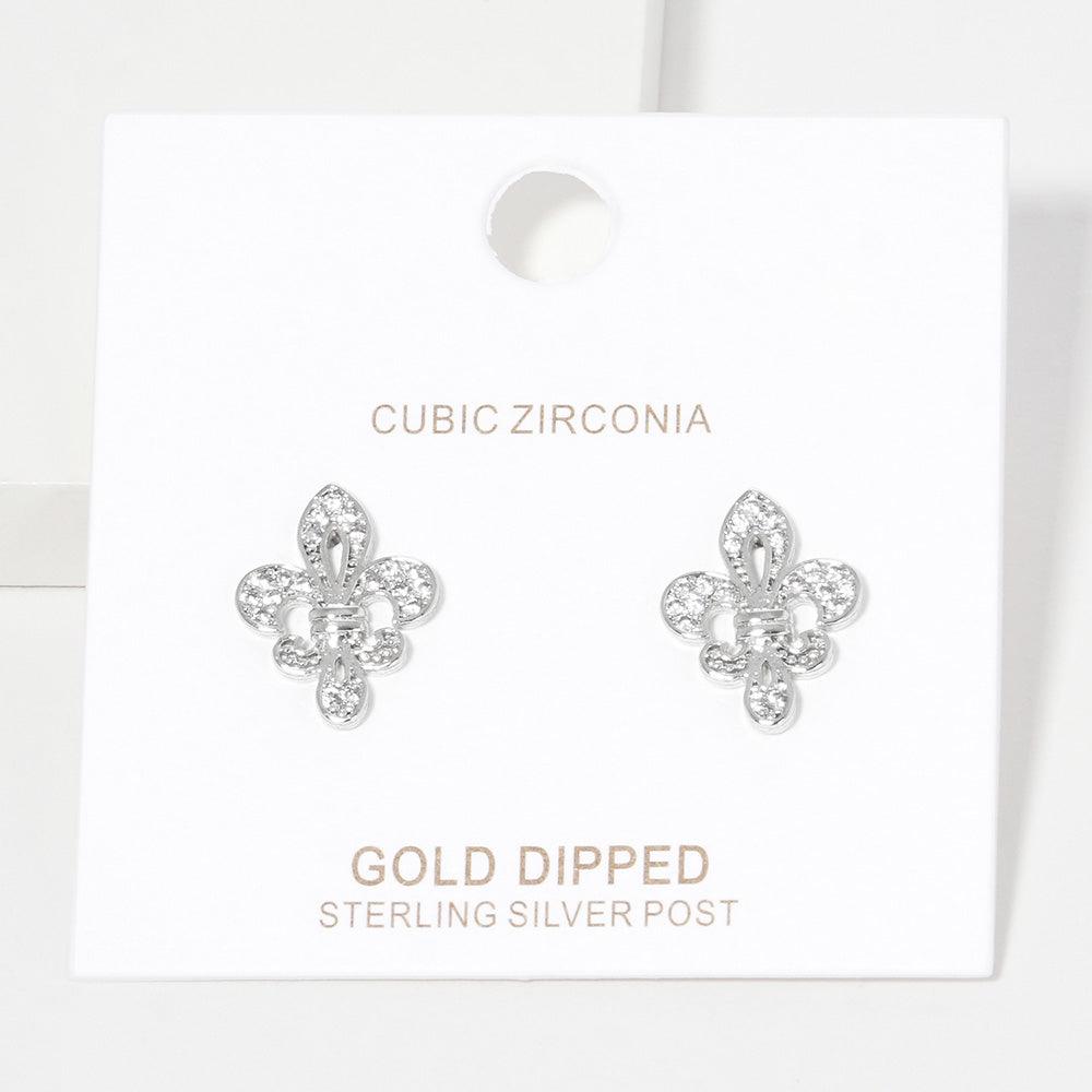 Silver White Gold Dipped CZ Embellished Metal Fleur de Lis Stud Earrings