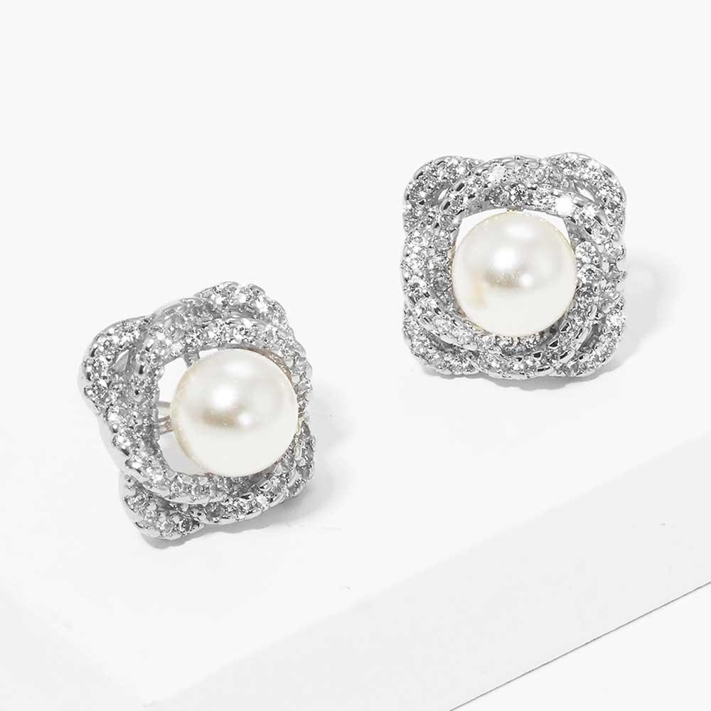 White White Gold Dipped CZ Pearl Rose Stud Earrings - Jewelry Store by Erik Rayo