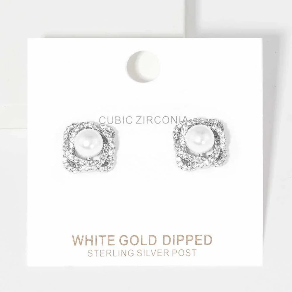 White White Gold Dipped CZ Pearl Rose Stud Earrings - Jewelry Store by Erik Rayo