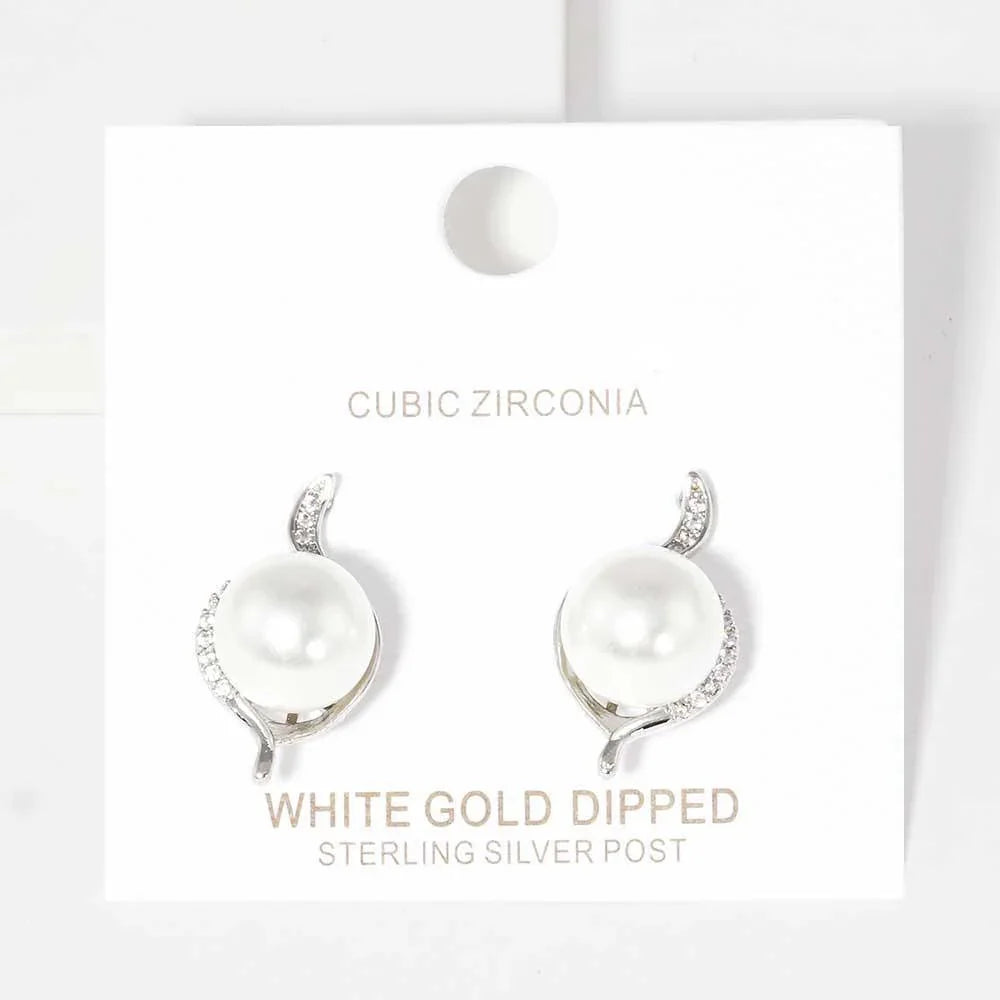 White White Gold Dipped CZ Pearl Stud Earrings - Jewelry Store by Erik Rayo