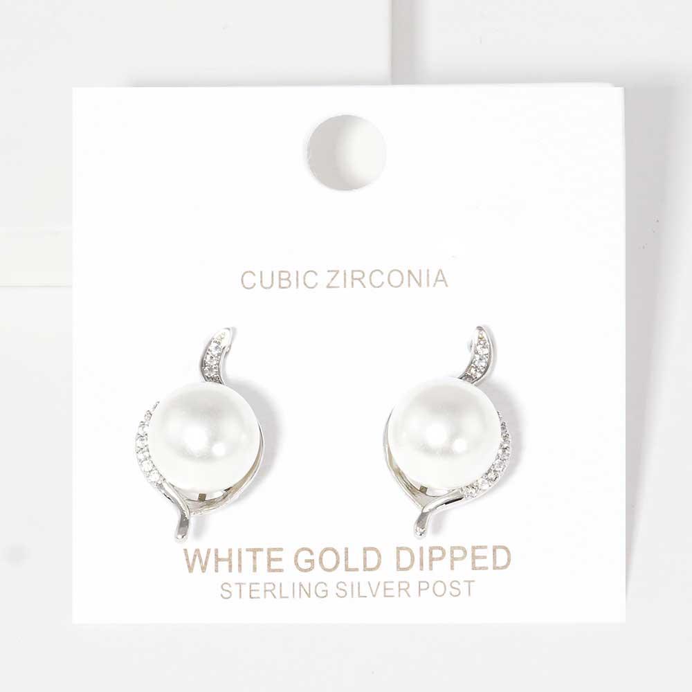 White White Gold Dipped CZ Pearl Stud Earrings