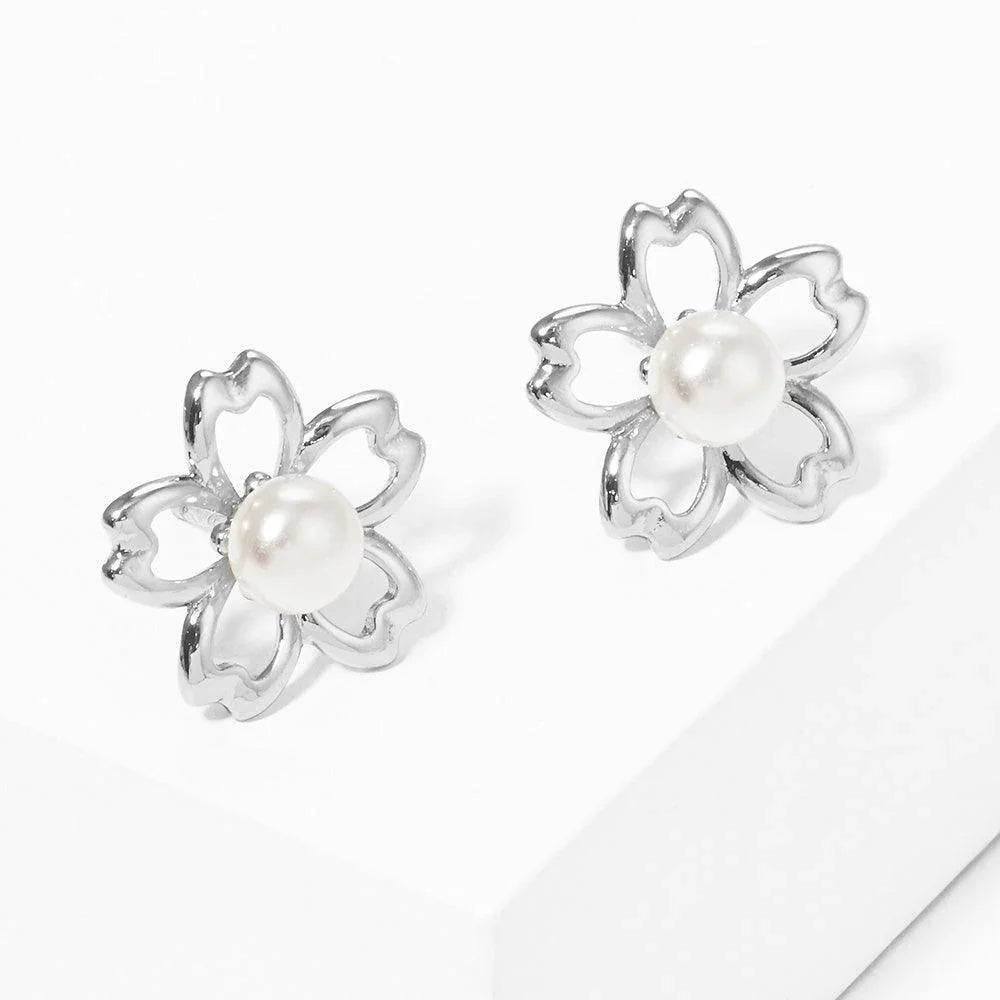Silver White Gold Dipped Flower Pearl Stud Earrings - Jewelry Store by Erik Rayo