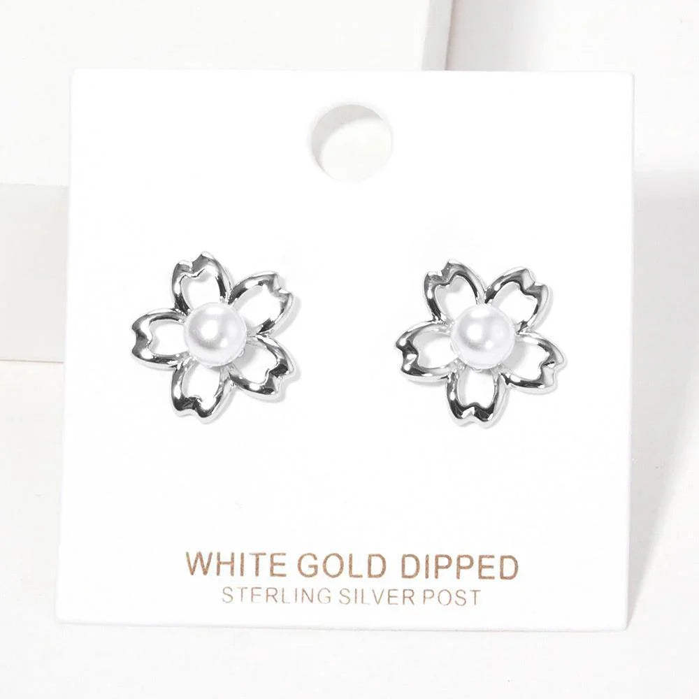 Silver White Gold Dipped Flower Pearl Stud Earrings - Jewelry Store by Erik Rayo