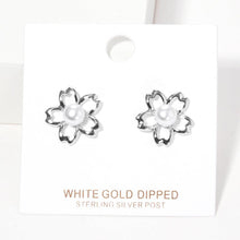 Load image into Gallery viewer, Silver White Gold Dipped Flower Pearl Stud Earrings
