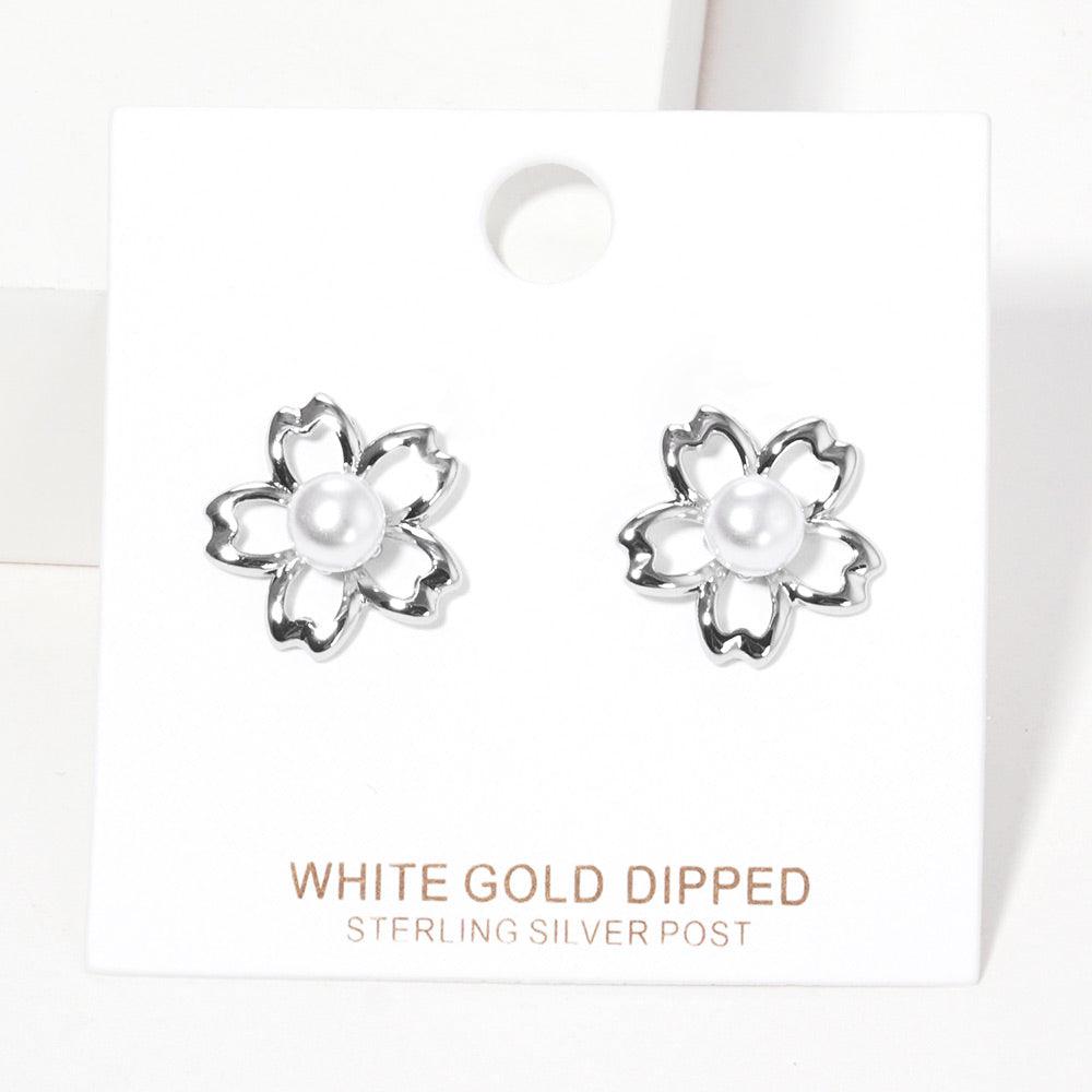 Silver White Gold Dipped Flower Pearl Stud Earrings