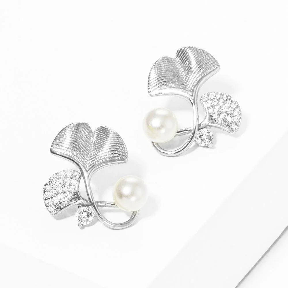 White white Gold Dipped CZ Paved Gingko Pearl Stud Earrings - Jewelry Store by Erik Rayo