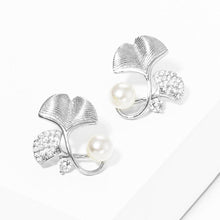 Load image into Gallery viewer, White white Gold Dipped CZ Paved Gingko Pearl Stud Earrings
