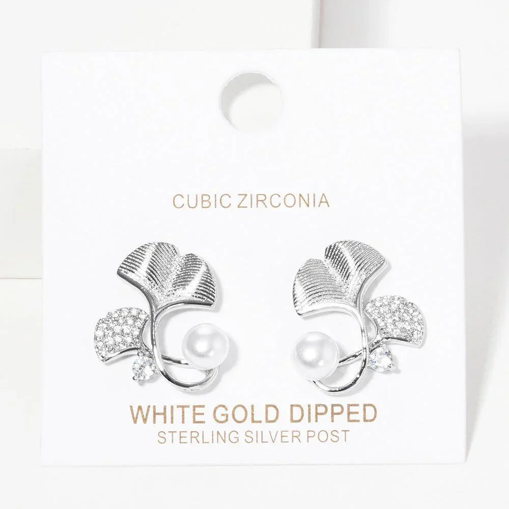 White white Gold Dipped CZ Paved Gingko Pearl Stud Earrings - Jewelry Store by Erik Rayo