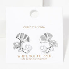 Load image into Gallery viewer, White white Gold Dipped CZ Paved Gingko Pearl Stud Earrings
