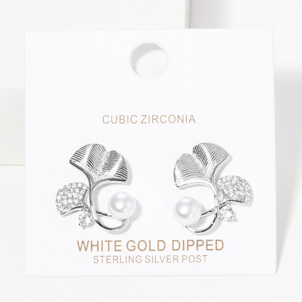 White white Gold Dipped CZ Paved Gingko Pearl Stud Earrings