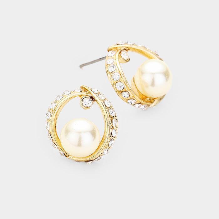 Gold Pearl Centered Rhinestone Pave Trimmed Stud Earrings - Jewelry Store by Erik Rayo