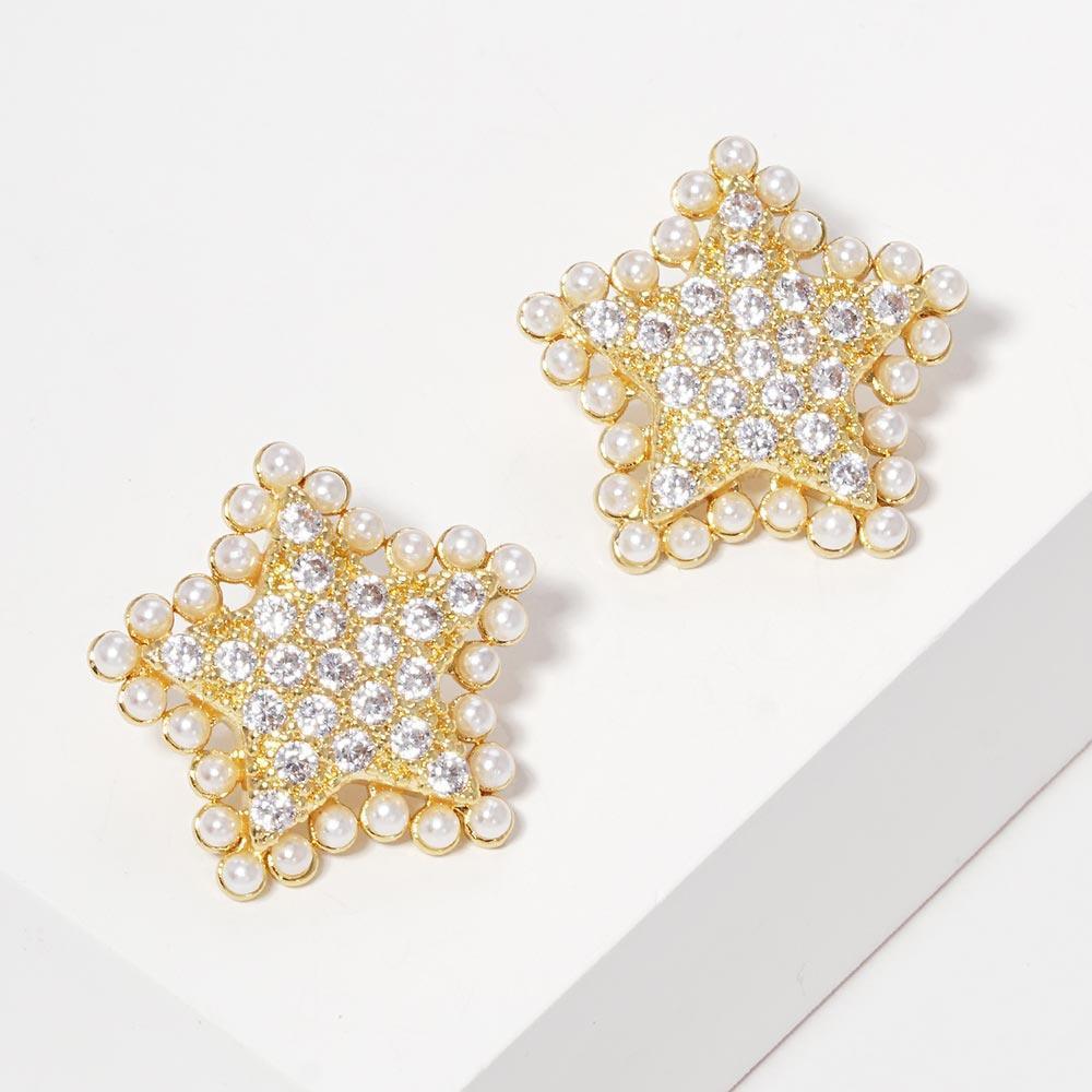 Silver Gold Dipped CZ Stone Pearl Star Stud Earrings - Jewelry Store by Erik Rayo