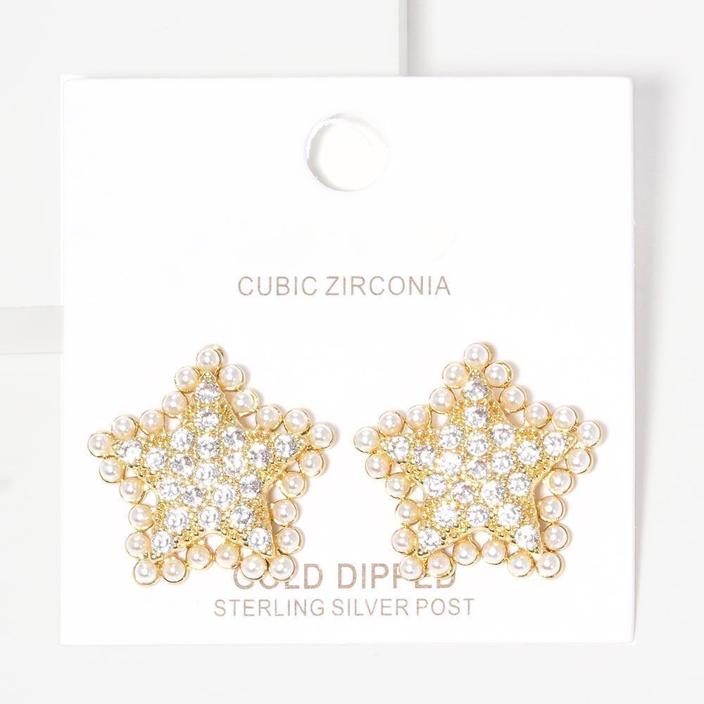 Silver Gold Dipped CZ Stone Pearl Star Stud Earrings - Jewelry Store by Erik Rayo