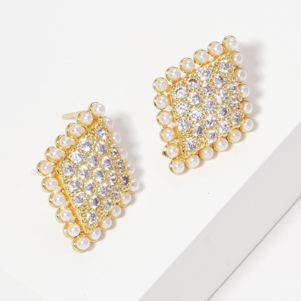Silver Gold Dipped CZ Stone Pearl Rhombus Stud Earrings - Jewelry Store by Erik Rayo