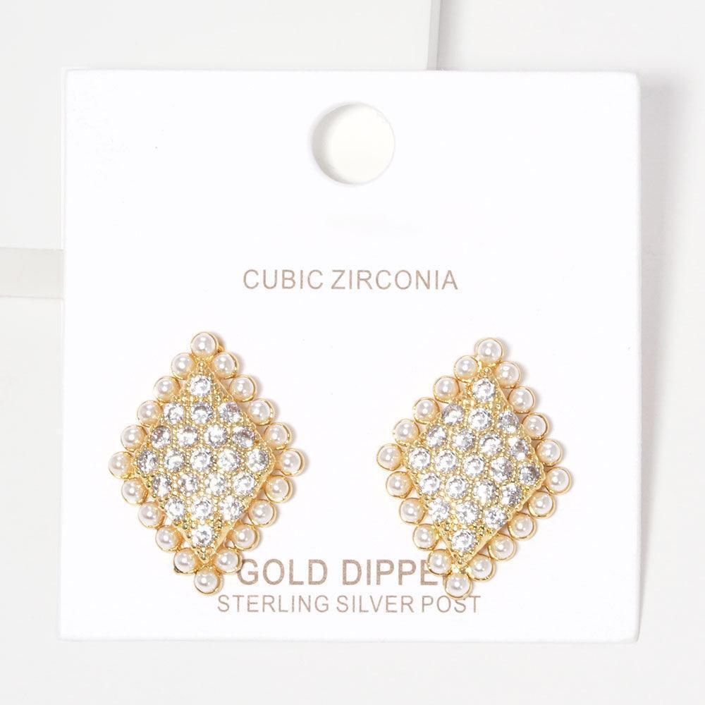 Silver Gold Dipped CZ Stone Pearl Rhombus Stud Earrings - Jewelry Store by Erik Rayo