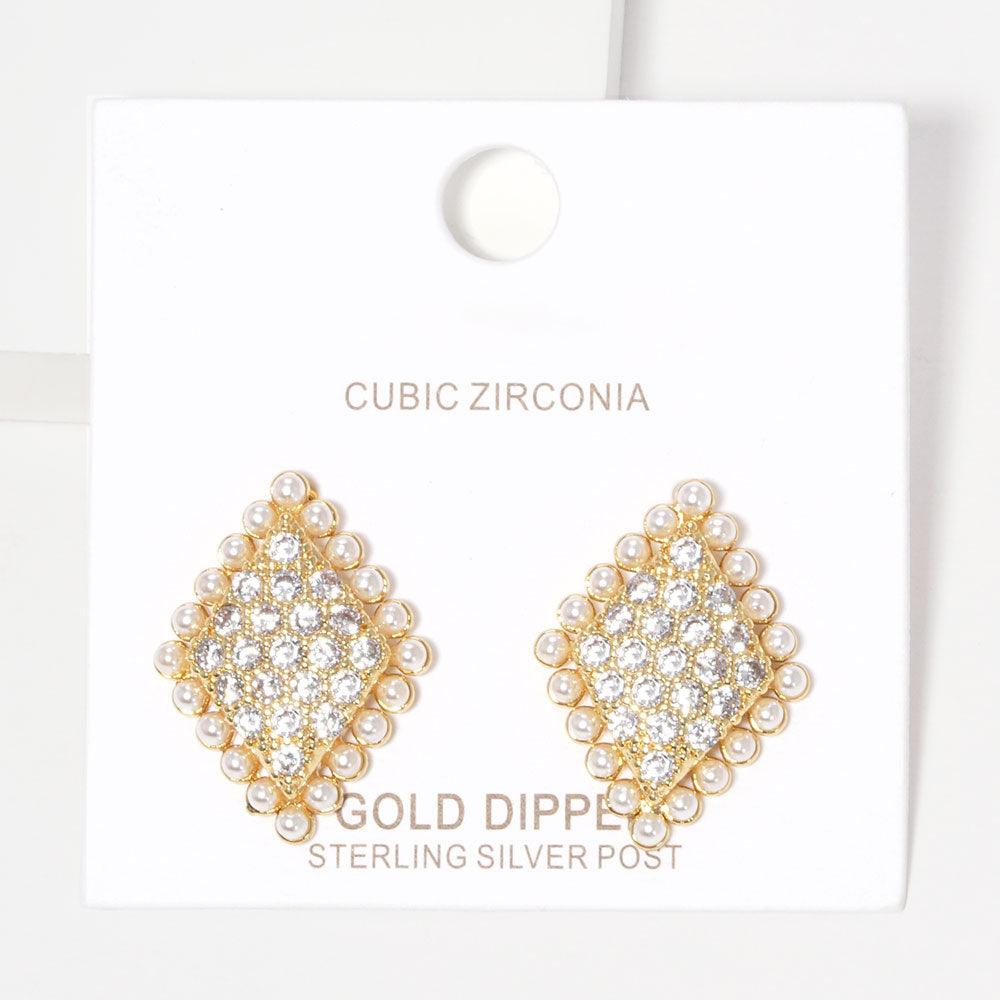 Silver Gold Dipped CZ Stone Pearl Rhombus Stud Earrings